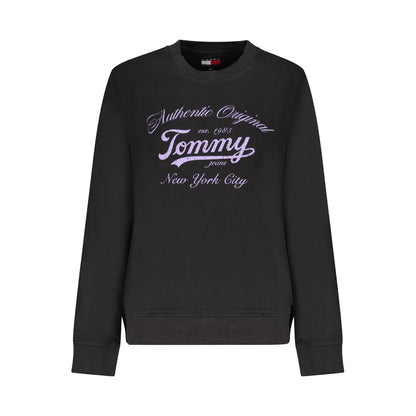 Tommy Hilfiger Black Cotton Women Sweater with logo print, long sleeves, and brushed finish, embodying classic American cool style.