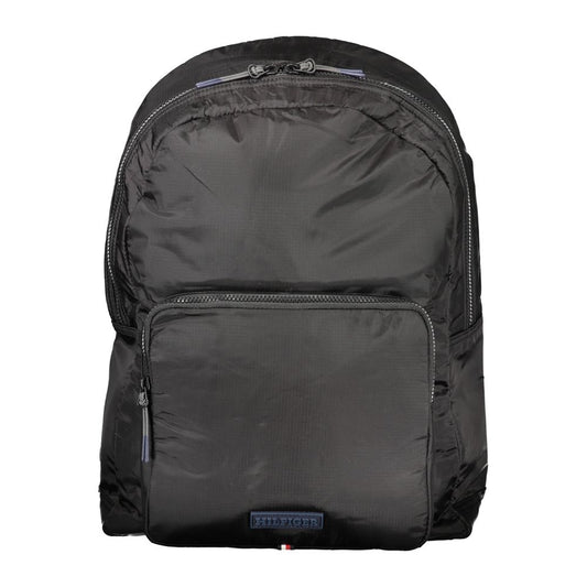 Tommy Hilfiger Black Nylon Backpack with multiple pockets and laptop compartment, featuring adjustable straps and zip closure.