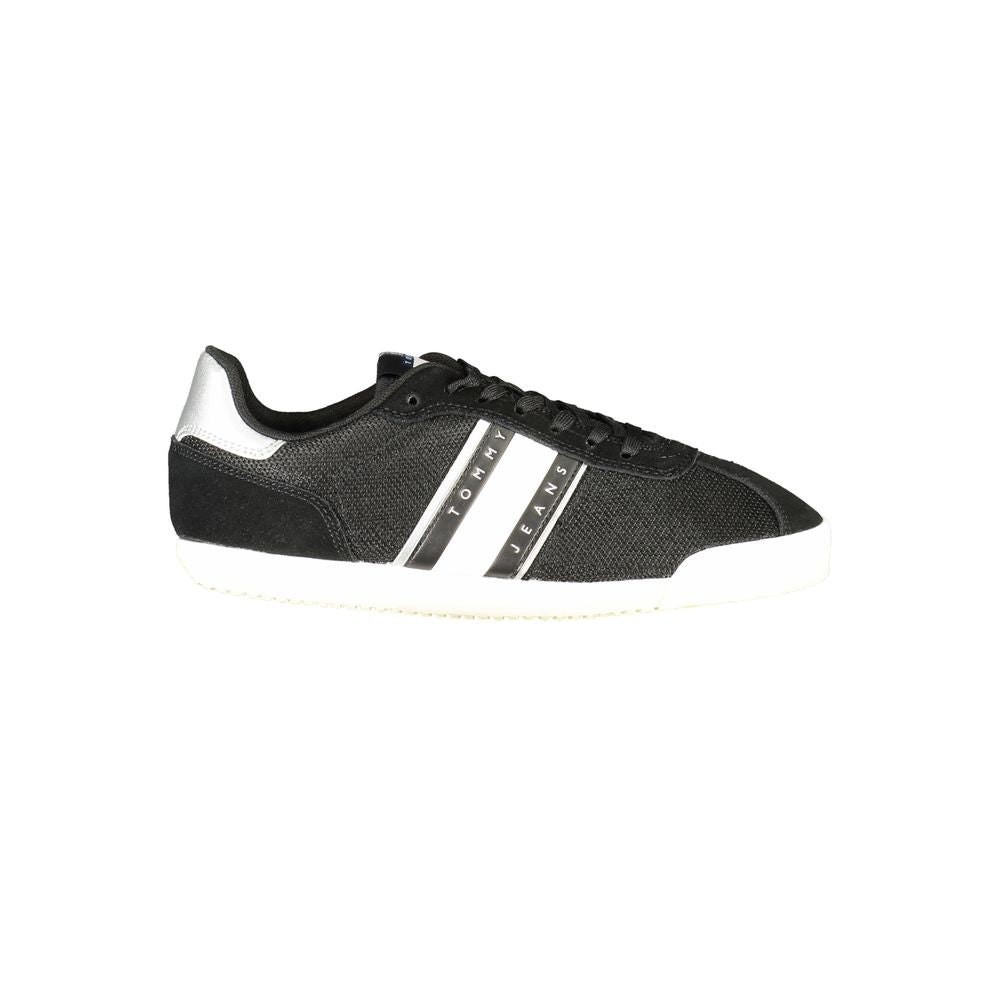 Tommy Hilfiger Black Polyester Women Sneaker with contrasting details and iconic logo, eco-friendly design, side view.