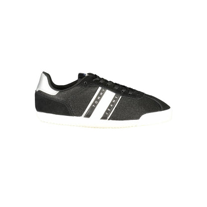 Tommy Hilfiger Black Polyester Women Sneaker with contrasting details and iconic logo, eco-friendly design, side view.