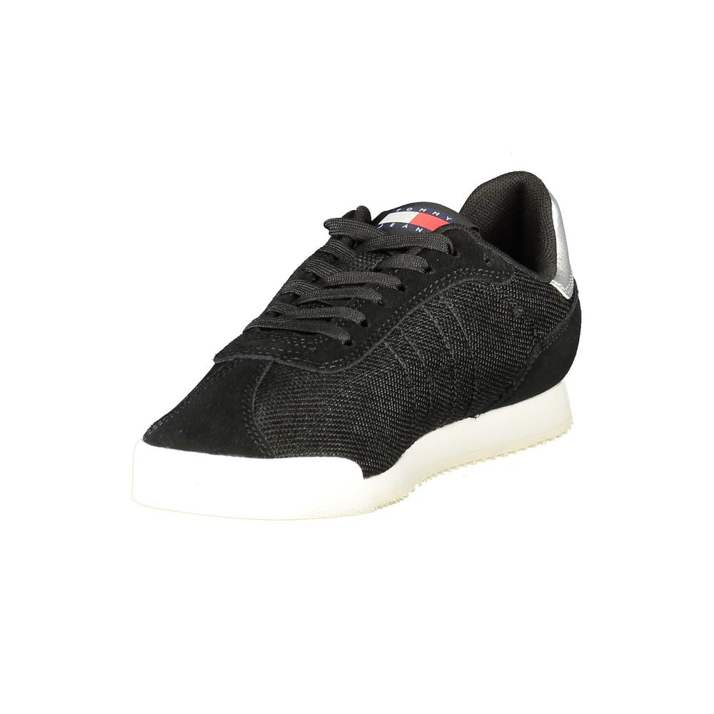 Tommy Hilfiger Black Polyester Women Sneaker with eco-friendly material and iconic logo, featuring modern style, on white background.