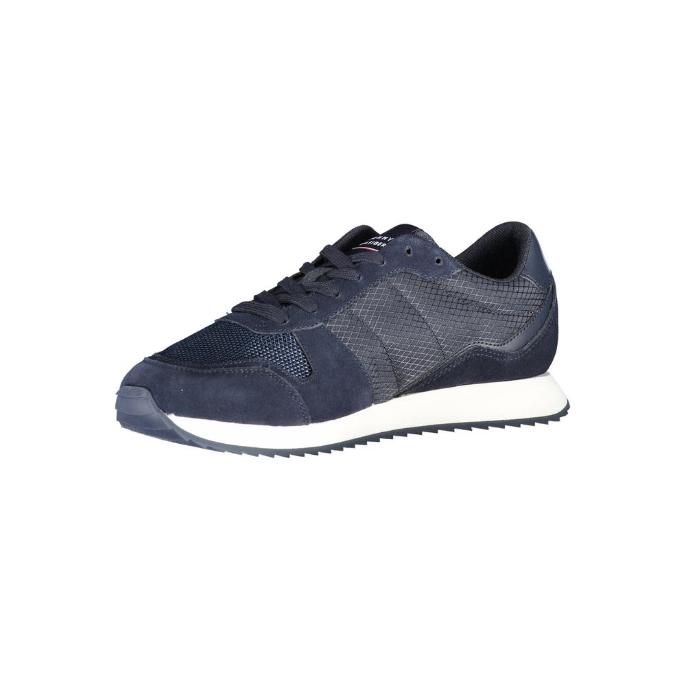 Tommy Hilfiger Blue Polyester Men Sneaker with a stylish design and eco-friendly materials, featuring the iconic logo and contrasting details.