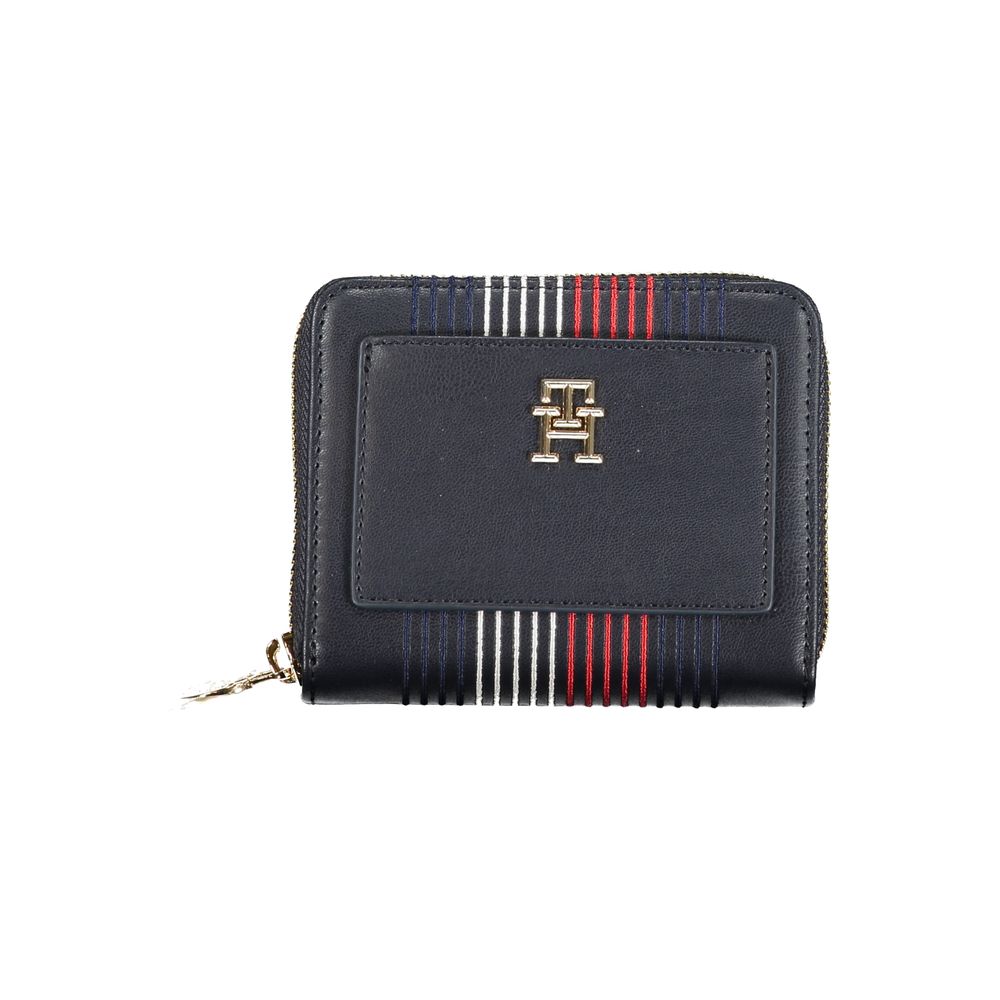 Tommy Hilfiger Blue Polyethylene Wallet with logo, zip closure, external pocket, 4 compartments, and contrasting details.