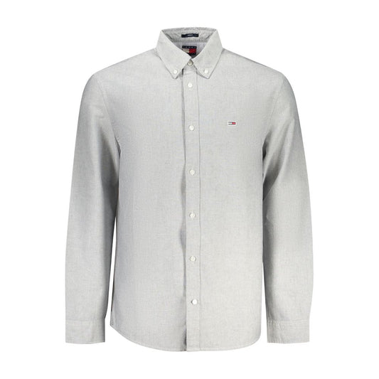 Tommy Hilfiger Gray Cotton Men Shirt with button-down collar and embroidery logo, long sleeves, eco-friendly regenerative cotton.