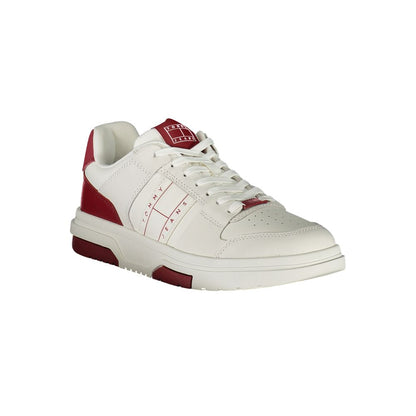 Tommy Hilfiger Red Leather Men Sneaker with iconic logo, contrasting elements, designed for trend and comfort with a removable footbed.