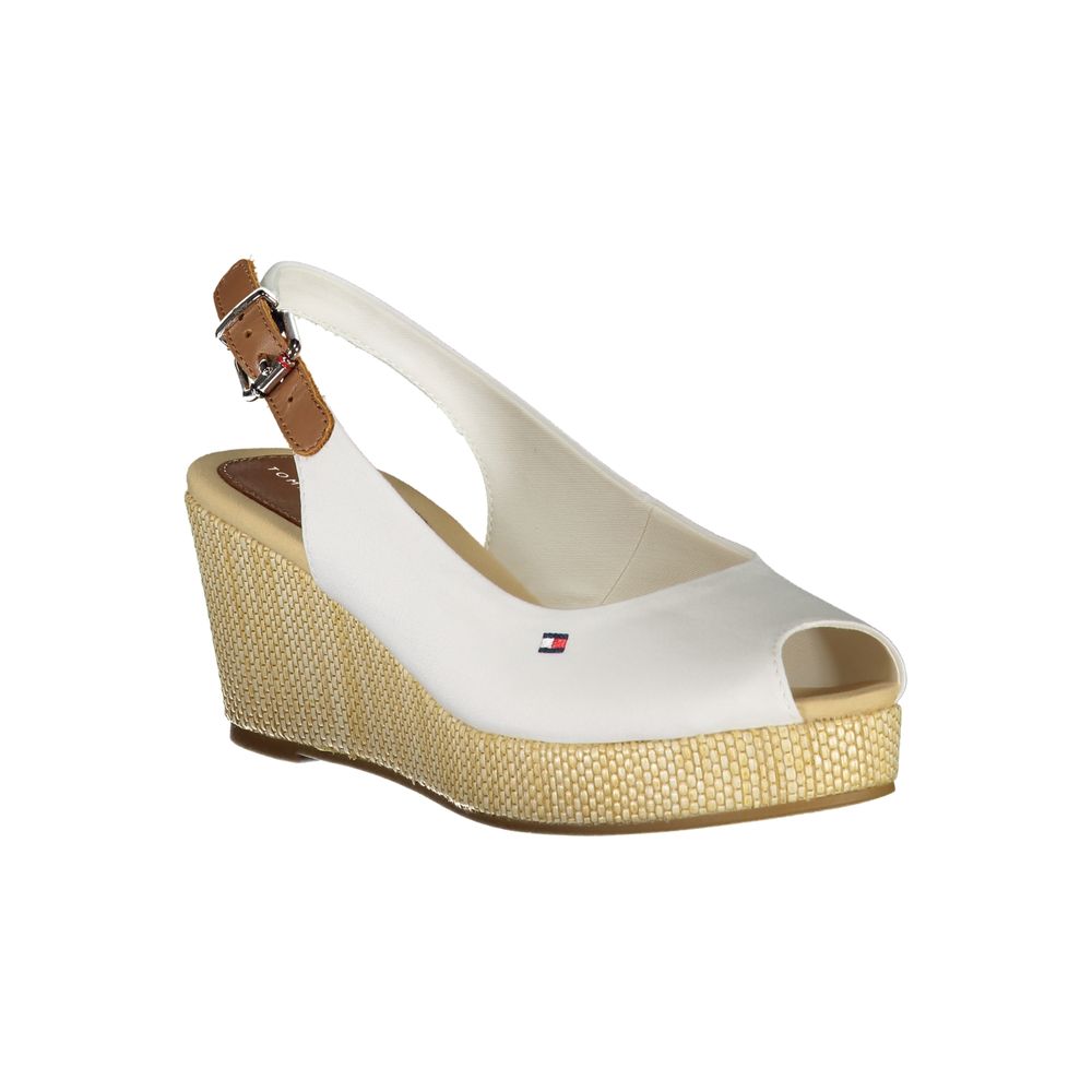 Tommy Hilfiger White Cotton Sandal with ankle buckle lacing, contrast details, 7 cm heel, and logo detailing.