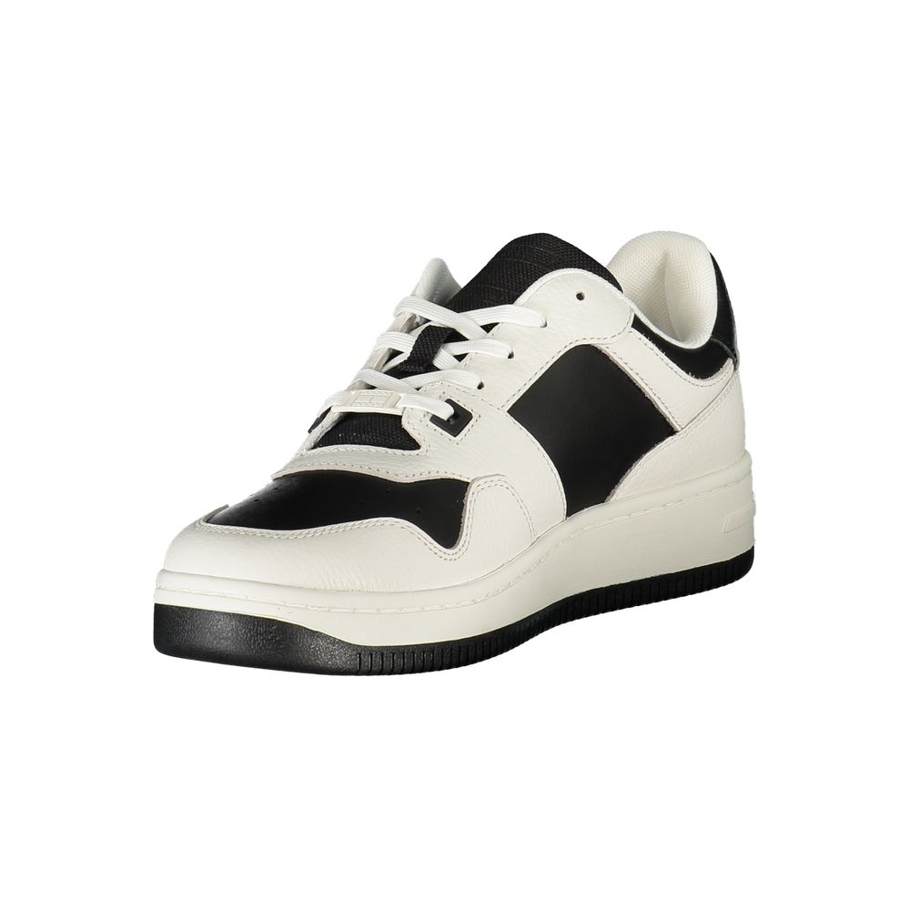 Tommy Hilfiger White Leather Mens Sneaker with black accents, lace-up design, and iconic logo, offering style and comfort for every step.