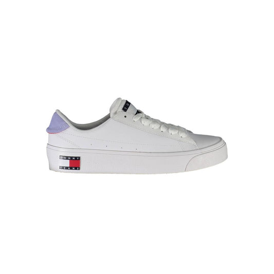 Tommy Hilfiger White Polyester Women Sneaker with logo and contrasting details on white background.
