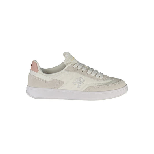 Tommy Hilfiger White Polyethylene Women Sneaker with pink accents and embroidery, side view of the elegant and comfortable shoe.