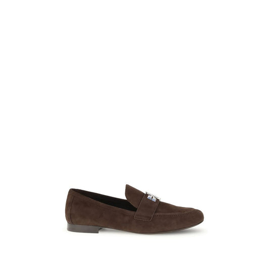Tory Burch Eleanor Loafer in brown suede with silver-tone double T hardware, perfect for stylish and versatile everyday wear.