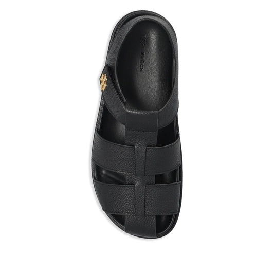 Tory Burch Sandals Black with multiple straps, logo detail, cushioned sole, open toe, 3 cm flat base Kira Fisherman Sport leather.