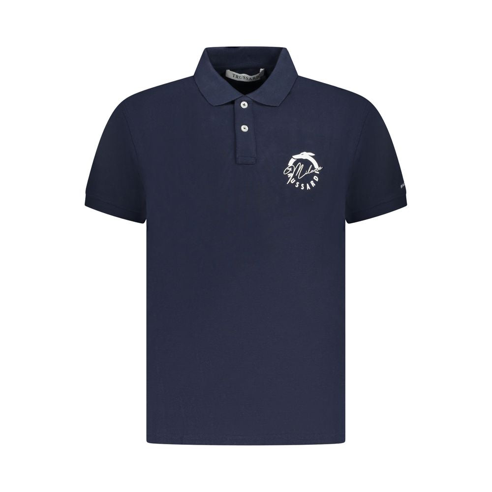 Trussardi Blue Cotton Men Polo Shirt with logo print and short sleeves, ideal for a casual refined look.