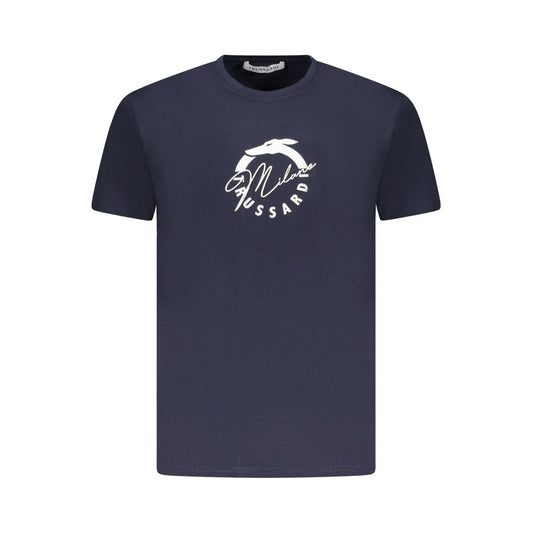 Trussardi Blue Cotton Men T-Shirt with logo print, short sleeves, crew neck, perfect for stylish comfort.
