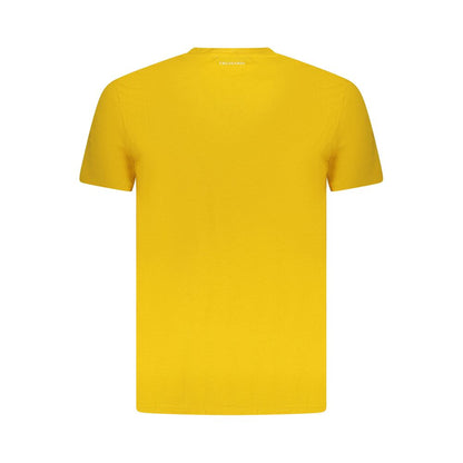 Trussardi Yellow Cotton Men T-Shirt with short sleeves, featuring a bold print and iconic logo on vibrant sunshine-yellow fabric.