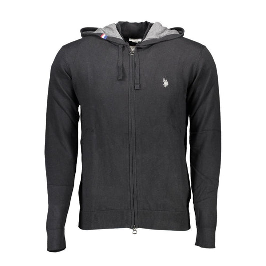 U.S. POLO ASSN. Black Cotton Mens Cardigan with zip closure and hood, featuring iconic logo embroidery, crafted for style and comfort.