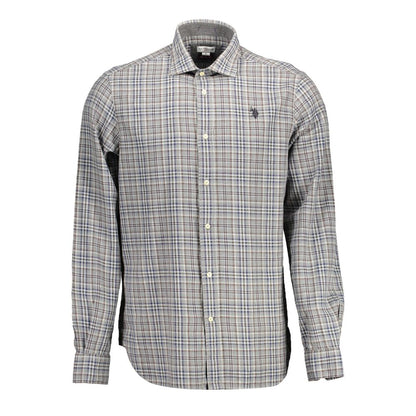 U.S. POLO ASSN. Brown Cotton Men Shirt with French collar and embroidered logo, plaid pattern long sleeve, stylish and comfortable fit.
