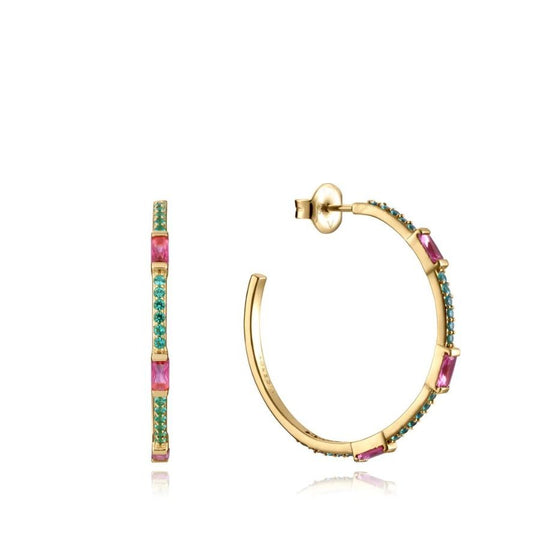 Gold hoop earrings with pink and green gemstones, side and front views. Elegant design for women.