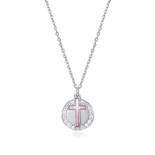 Silver necklace with a pink cross pendant by VICEROY JEWELS Mod. 13183C000-90 for ladies, quartz analog multifunction, 10 ATM water-resistant.