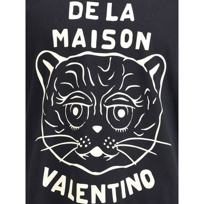 Valentino Black Cotton T-Shirt featuring Le Chat De La Maison graphic, showcasing casual elegance for AW25.
