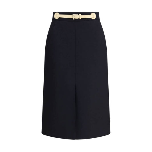 Valentino Black Fleece Wool Midi Skirt with leather belt and front slit, featuring a zip closure and side welt pockets, AW25 collection.