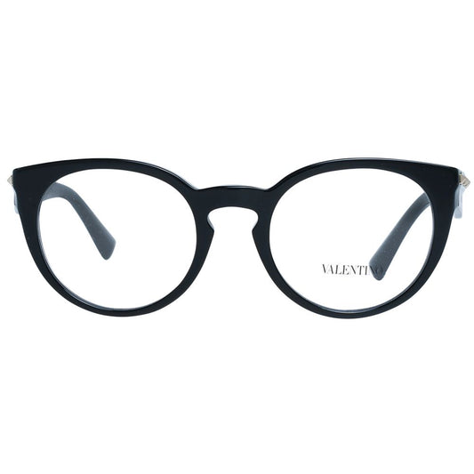 Valentino Black Women Glasses Frame, round full-rim plastic frame with demo lenses, 49-20-140 size, includes branded case.