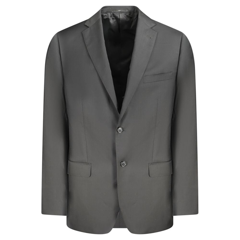 Valentino Black Wool Men Jacket with classic tailoring, features internal and external pockets for style and functionality.
