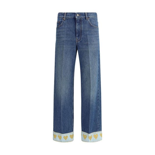 Valentino Blue Cotton Straight-Leg Jeans with La Cour de Coeur fabric edges, classic five-pocket design, crafted from 100% cotton.