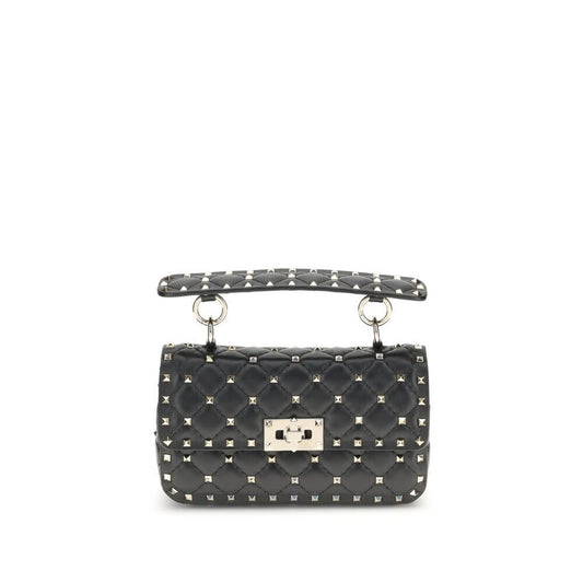 Valentino Garavani Black Calf Leather Bos Taurus Handbag with rockstud design and studded shoulder strap.