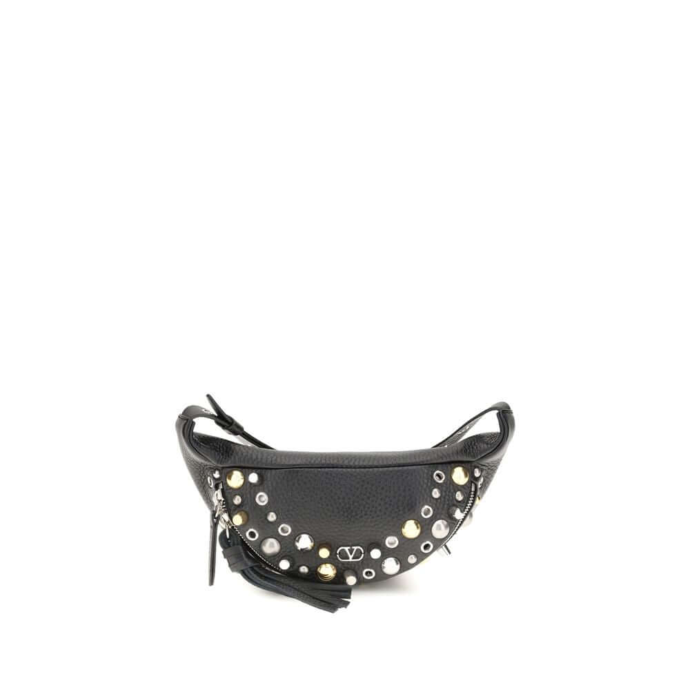 Valentino Garavani Black Calf Leather Bos Taurus Shoulder Bag with studs and VLogo, featuring a zipper closure and adjustable leather belt.