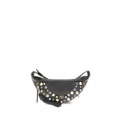Valentino Garavani Black Calf Leather Bos Taurus Shoulder Bag with studs and VLogo, featuring a zipper closure and adjustable leather belt.