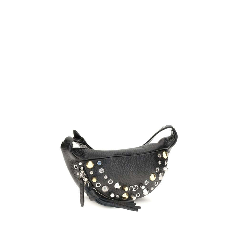 Valentino Garavani Black Calf Leather Bos Taurus Shoulder Bag with studs and VLogo, AW25 collection, garnet calfskin fanny pack.