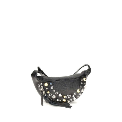 Valentino Garavani Black Calf Leather Bos Taurus Shoulder Bag with studs and VLogo, AW25 collection, garnet calfskin fanny pack.
