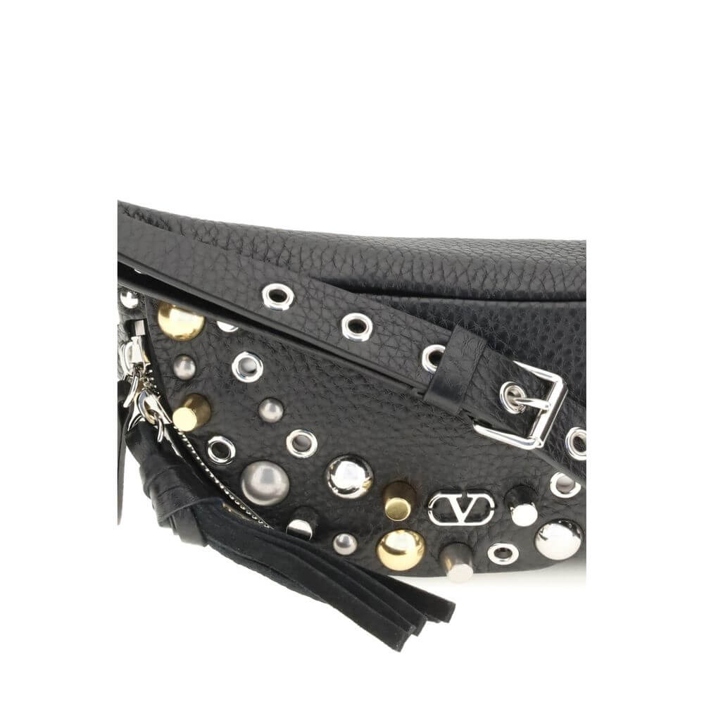 Valentino Garavani Black Calf Leather Bos Taurus Shoulder Bag with studs and VLogo detail, close-up view