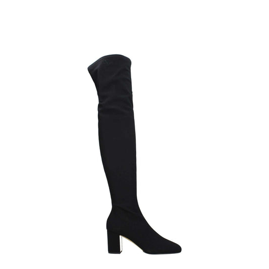 Valentino Garavani Black Fabric Over The Knee boots with side logo, square toe, and mid heels, featuring zip closure and leather sole.