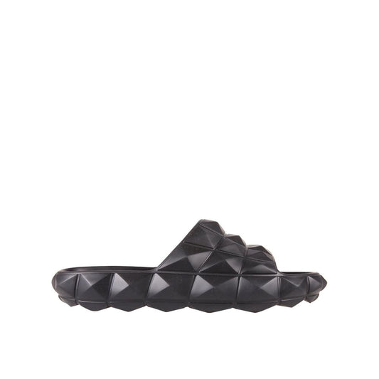 Valentino Garavani Black Rubber Slippers with round toe and all-over rubber studs, designed for men, made in Italy.