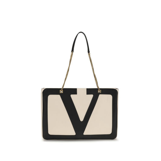 Valentino Garavani Cream Lamb Ovis Aries Aries Shoulder Bag with Signature VLogo and sliding chain. Elegant design with antiqued gold finish.
