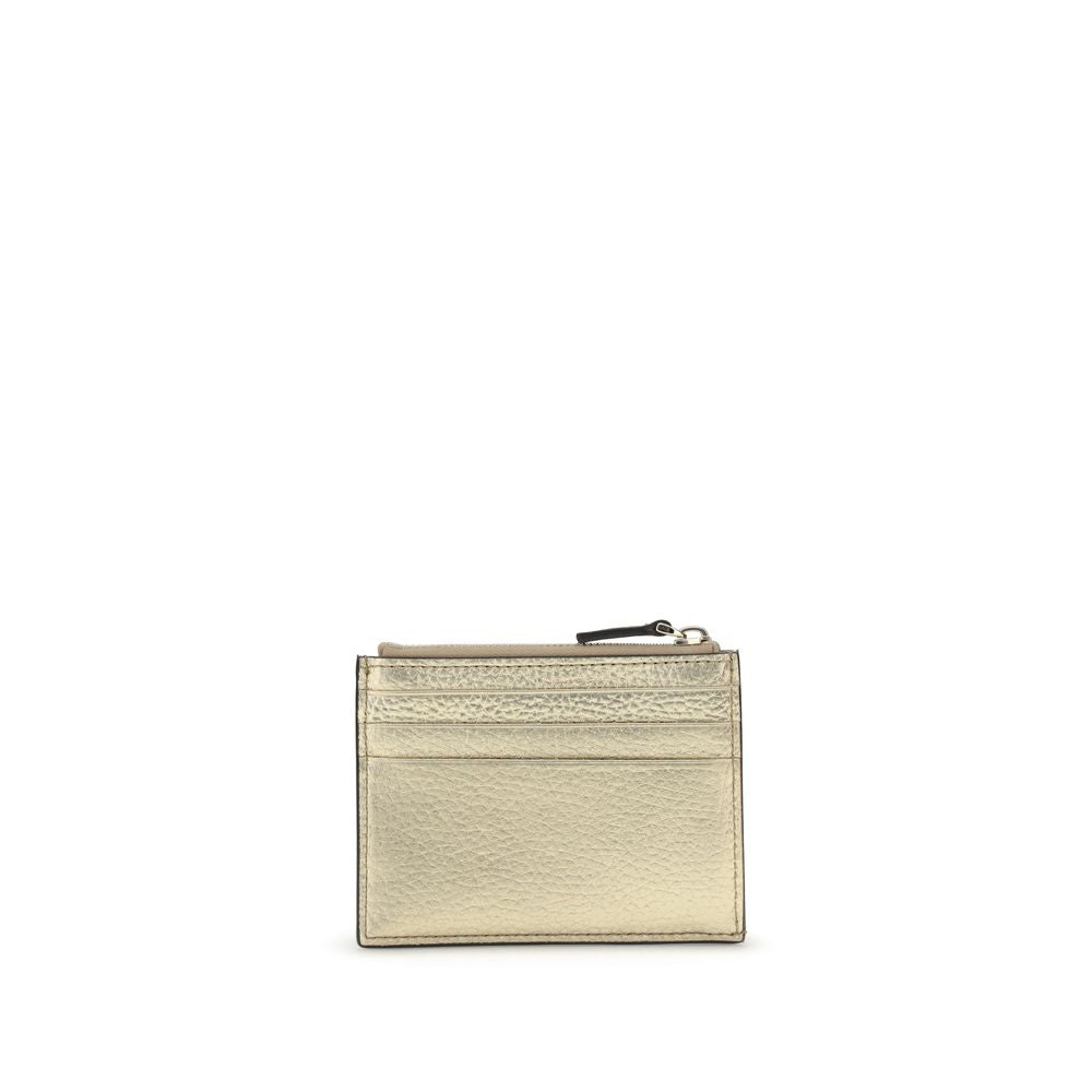 Valentino Garavani Gold Calf Leather Bos Taurus Wallet with Rockstuds, featuring a zippered pocket and four card slots, AW25 collection.