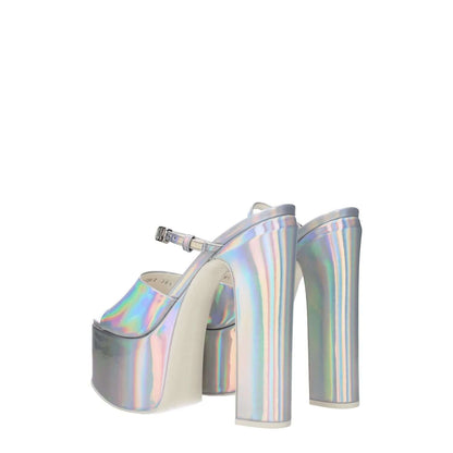 Valentino Garavani Gray Leather Platform Sandals with metallic effect, high heel, buckle closure, open toe, and patent leather finish.