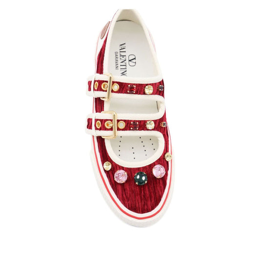 Top view of Valentino Garavani Jewel-embellished buckle sneakers in dark red velvet with double buckle and jewel decorations.