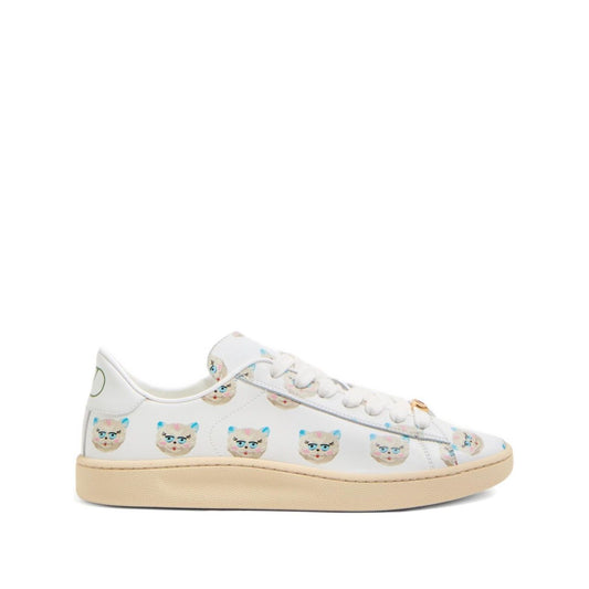 Valentino Garavani Le Chat De La Maison Royco Sneaker In Nappa Calfskin, white leather, round toe, front lace-up, cat print design.