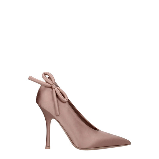 Valentino Garavani Pink Satin High Heel Pumps with pointy toe and side bow detail on white background.