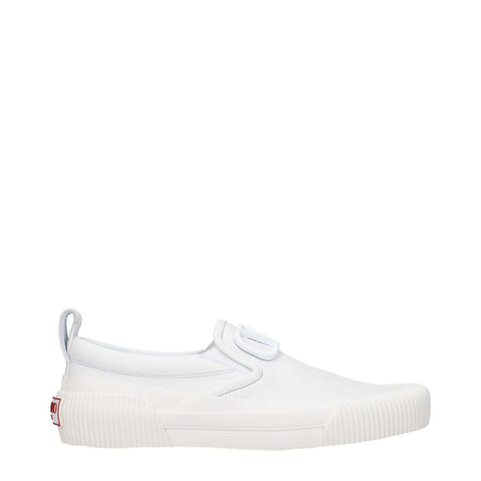 Valentino Garavani White Leather Slip-On Loafers with rubber sole and round toe, featuring front and back logos, casual low flat heel.