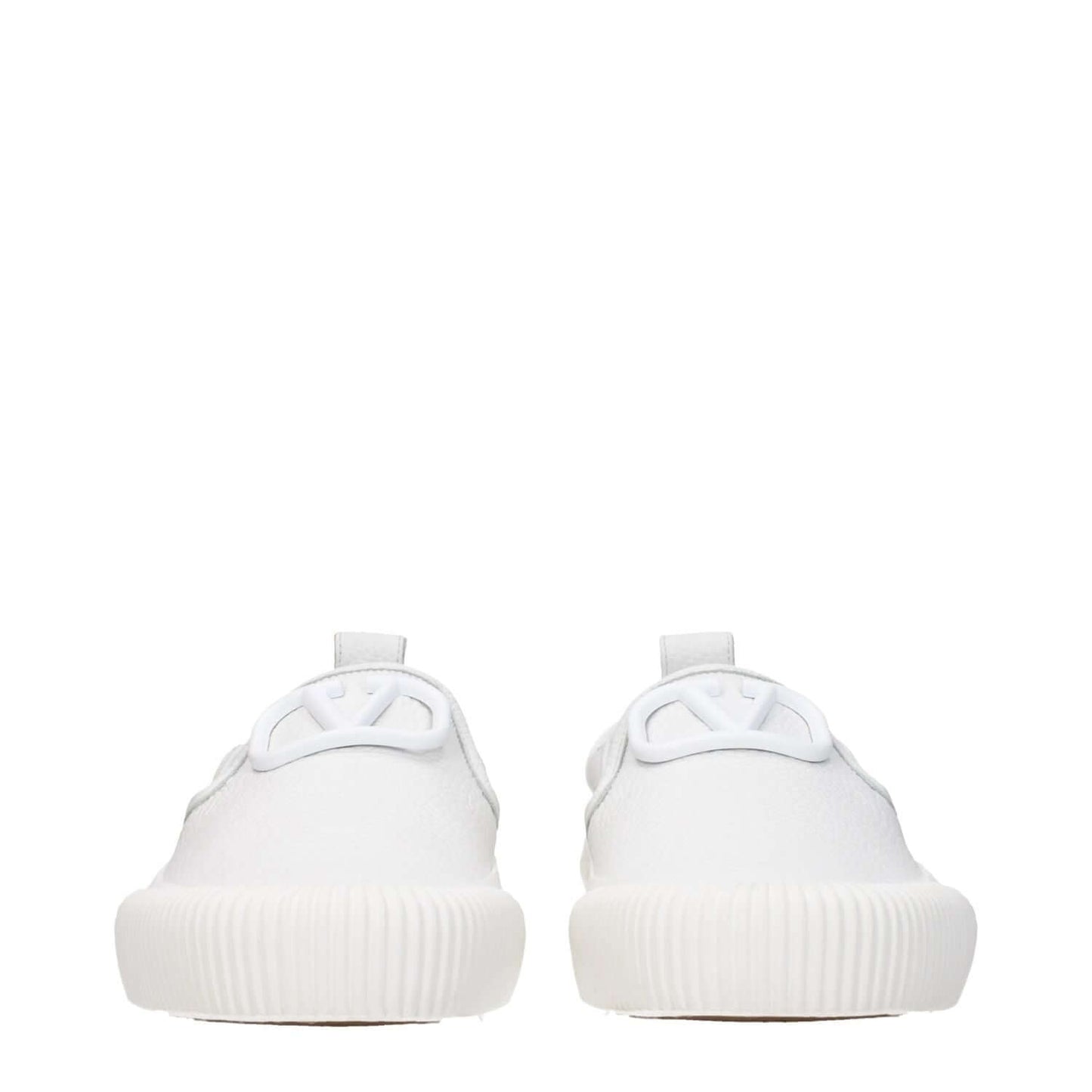 Valentino Garavani White Leather Slip-On Loafers with round toe and rubber sole, featuring front and back logo.