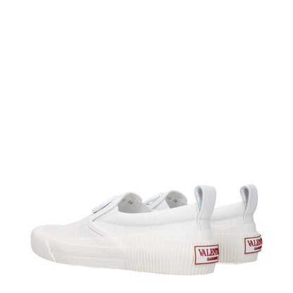 Valentino Garavani White Leather Slip-On Loafers with front and back logo, round toe, rubber sole, and low flat heel.