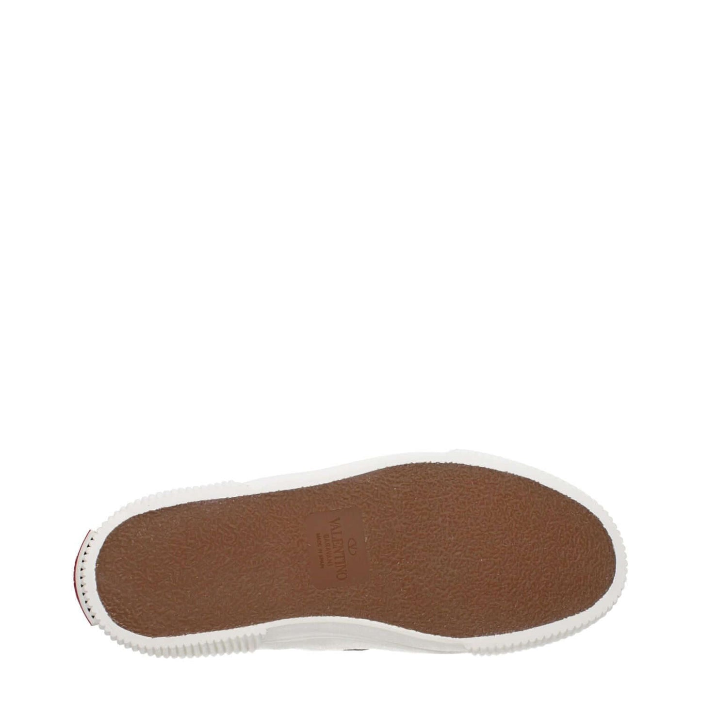 Sole view of Valentino Garavani White Leather Slip-On Loafers with rubber sole and logo details.