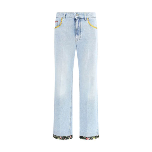 Valentino Light Blue Cotton Straight-Leg Jeans with floral edges and polka dot detailed pockets, featuring a classic five-pocket design.