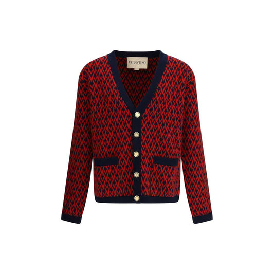 Valentino Multicolor Fleece Wool Cardigan with V pattern, embossed buttons, and ribbed hems, AW25 collection.