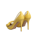 Valentino Yellow Patent Leather PVC Bow Heels Pumps Shoes with pointed toes, stylish bows, and 11 cm heels.
