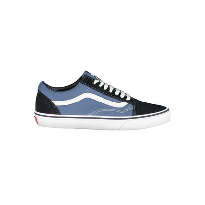 Vans Blue Leather Men Sneaker with classic white stripe, iconic Vans logo, durable blend of materials for comfort and style.