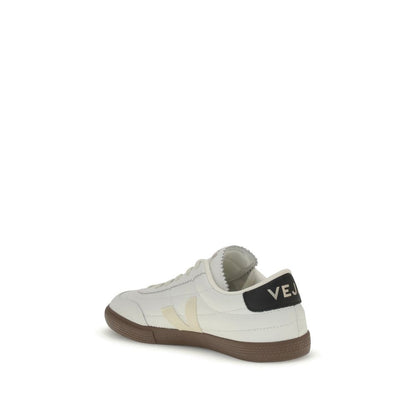 Veja Black Leather Sneakers with logo and contrasting heel, showcasing style and durability from back view.